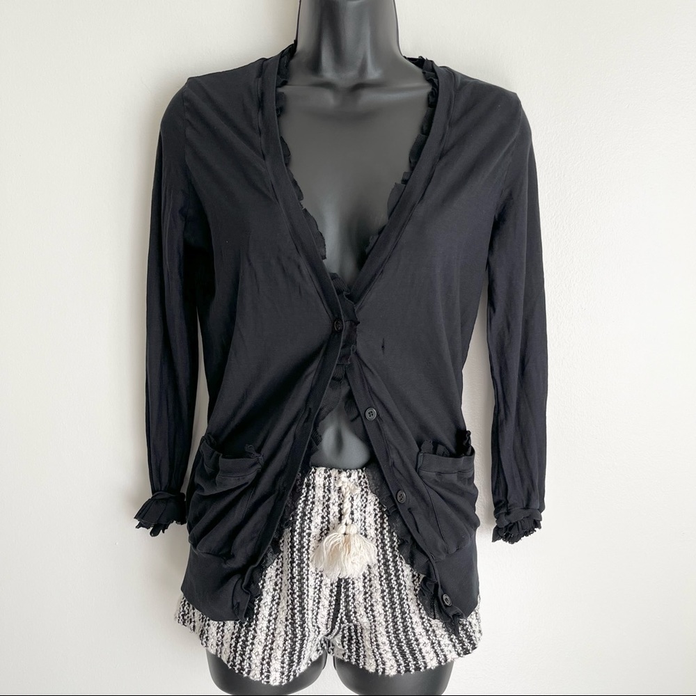 CLU Ruffle Button Down Long Sleeves Black Cardigan Cardi XS